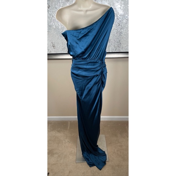 THE SEI Strapped Off Shoulder Silk Ruched Draped Asymmetric Blue Maxi Dress Sz 2 - Picture 7 of 9